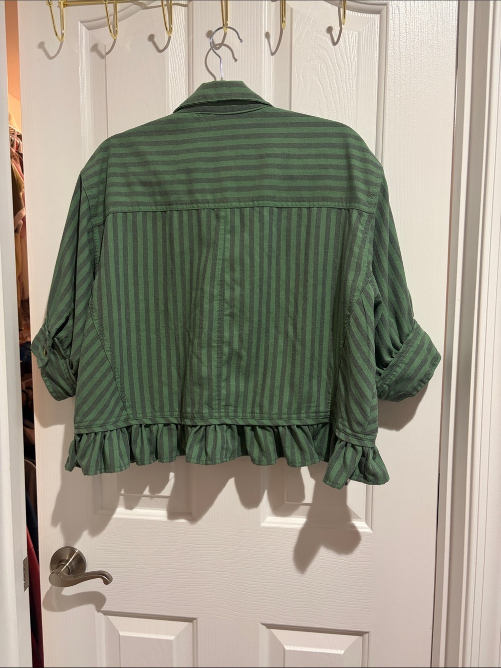 Girls' Green Striped Ruffle-Hem Button Down Shirt - Picture 3 of 3